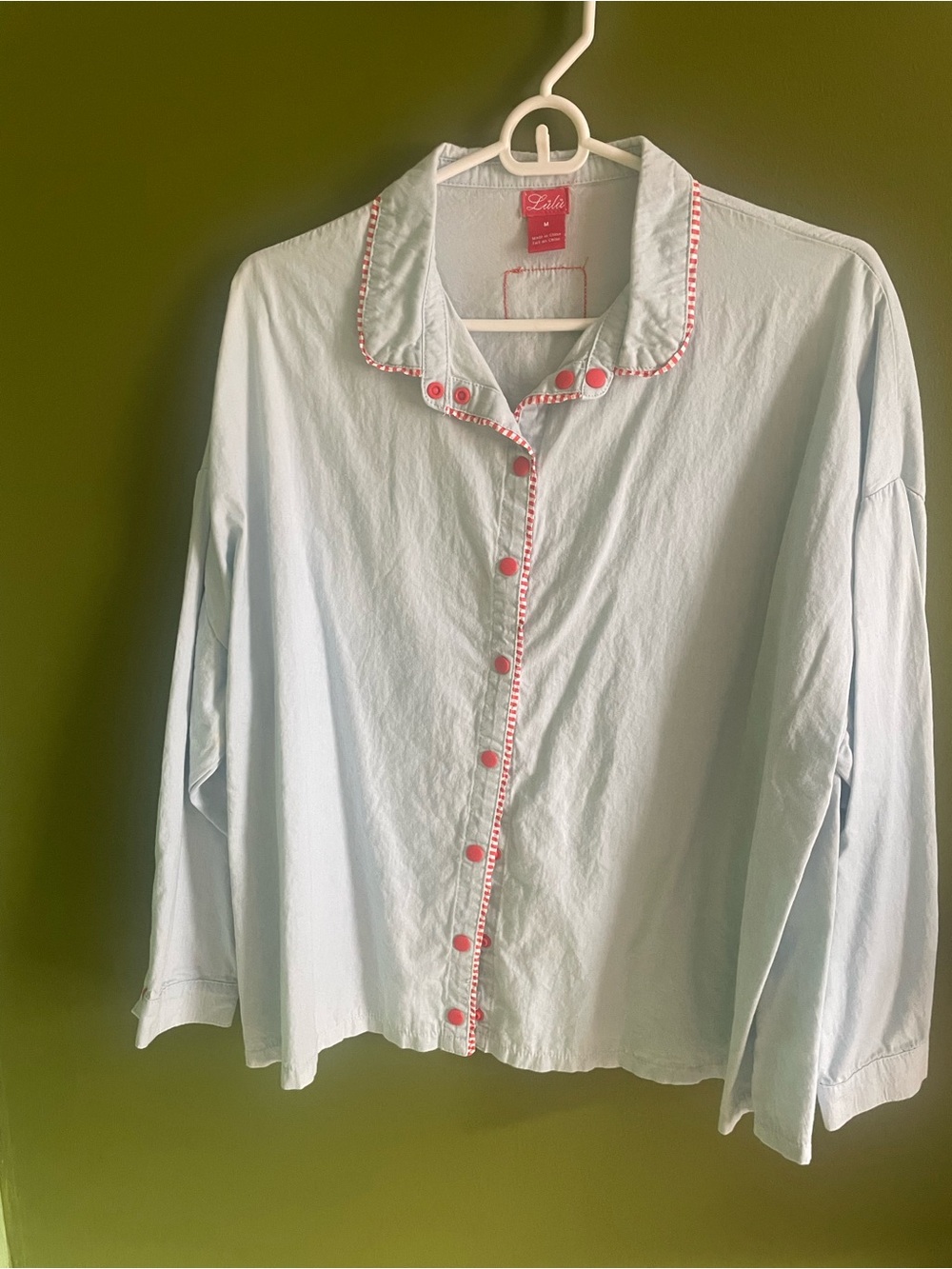 Light Blue Women’s Sleep Shirt Button-Up with Red Trim and Buttons